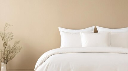 Minimalist bedroom with a neutral color palette and soft textures, modern comfort, calm and serene