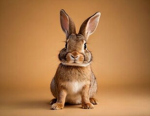 Obraz premium Curious rabbit sitting upright on a wooden surface against a soft beige background in indoor setting