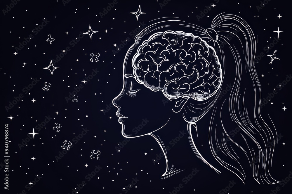 Poster minimalistic line art of a female head with a brain representing introspection intellectual depth an