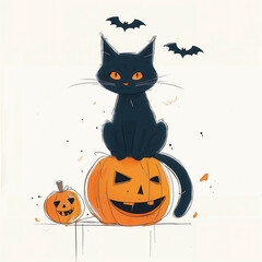 Black cat sitting on jack o lantern halloween illustration