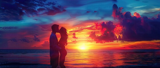 Silhouette of a couple sharing a kiss against a colourful sunset