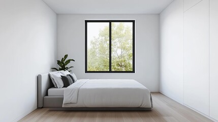 Fototapeta premium Minimalist bedroom with a single large window and no curtains, open view, modern simplicity