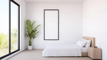 Minimalist bedroom with a single large window and no curtains, open view, modern simplicity