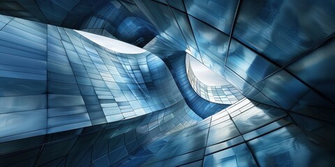 Intricate abstract architecture showcasing a dynamic interplay of glass surfaces and light in a modern urban setting