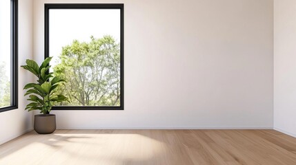 Minimalist bedroom with a single large window and no curtains, open view, modern simplicity