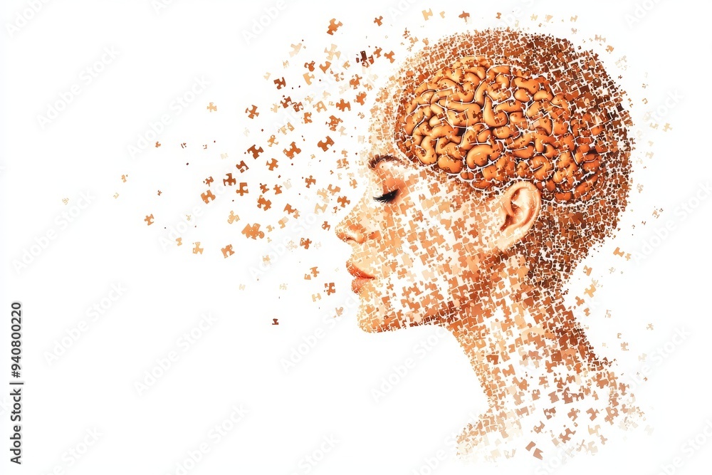 Poster abstract portrait of a woman disintegrating into particles symbolizing the fragility of human existe