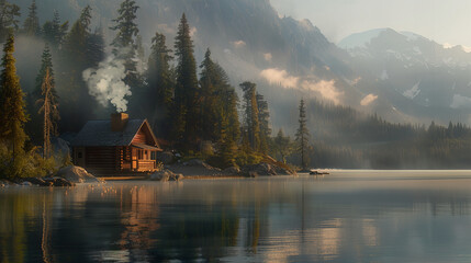 Fototapeta premium Idyllic log cabin by the serene lake nestled in lush forest with golden sunlight reflecting on water – peaceful nature retreat in mountains, perfect for solitude and relaxation