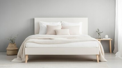 Minimalist bedroom with a white bed frame and matching bedding, monochromatic design, sleek aesthetic