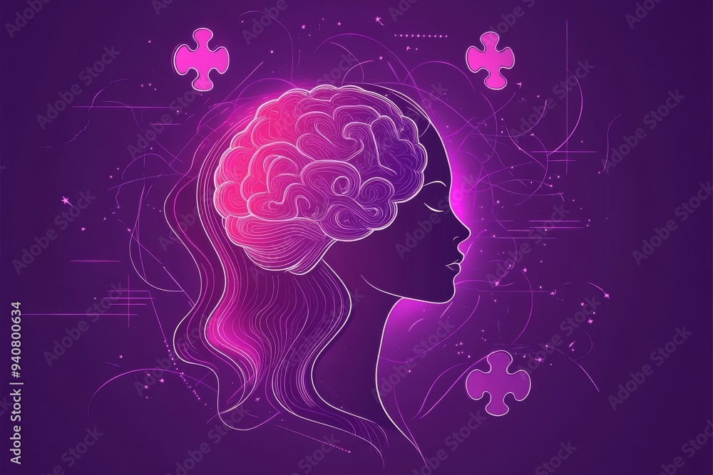 Poster stylized silhouette of a womans profile with a brain and puzzle pieces symbolizing mental health pro