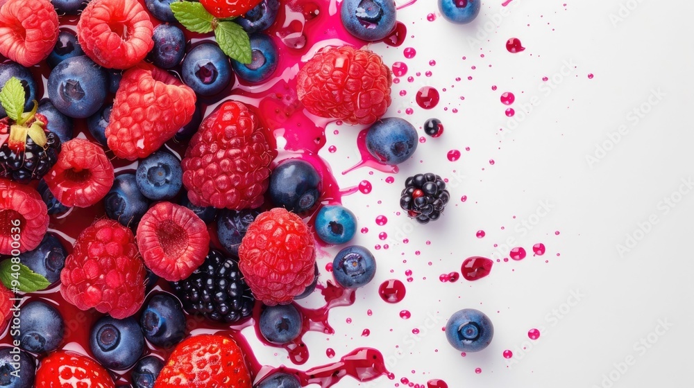 Poster vibrant splashes of deep colorful berry juice creating a dynamic and contrast against a clean white 