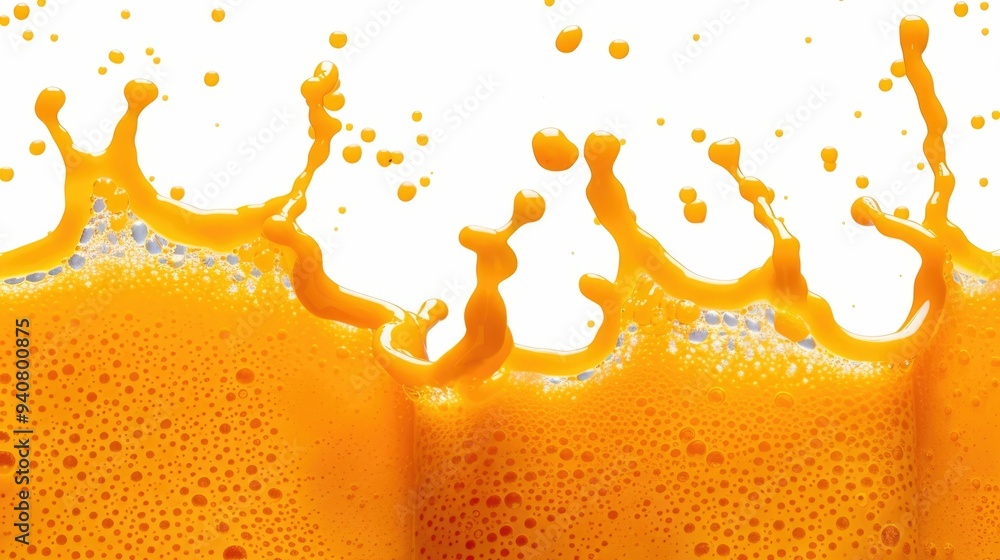 Poster vibrant burst of fresh orange juice splashing and dripping against a clean minimalist white backgrou