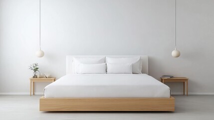 Minimalist bedroom with a white bed frame and matching bedding, monochromatic design, sleek aesthetic