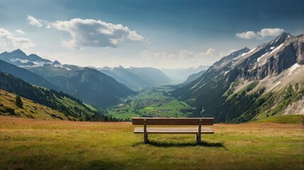 European mountain landscape with bench, panoramic illustration