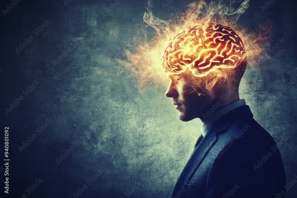 Poster side profile of a man with a brain igniting in flames representing the intense energy of creativity 