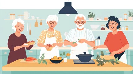 Elderly Friends Cooking and Laughing Together in a Warm, Joyful Kitchen Setting