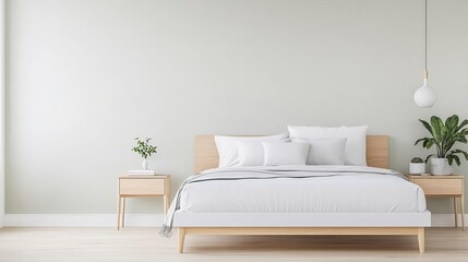 Minimalist bedroom with a white bed frame and matching bedding, monochromatic design, sleek aesthetic