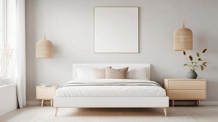Minimalist bedroom with a white bed frame and matching bedding, monochromatic design, sleek aesthetic