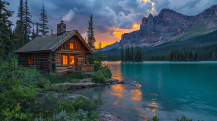Naklejka premium Idyllic log cabin by the serene lake nestled in lush forest with golden sunlight reflecting on water – peaceful nature retreat in mountains, perfect for solitude and relaxation