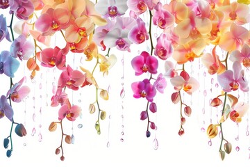 Colorful abstract illustration of exotic orchids hanging with delicate dew drops, contrasted beautifully against a white background