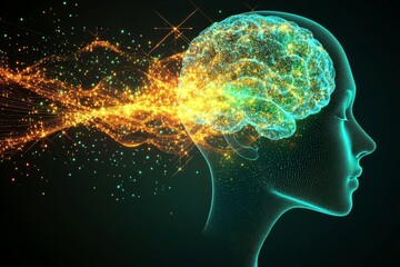 Digital illustration of a glowing brain with yellow particles symbolizing neural activity mental energy and the dynamic processes of thought and cognition in a futuristic high tech visual style