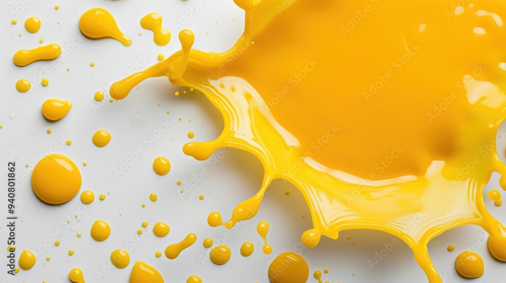 Poster vibrant and captivating image showcasing bright splashes of mango juice on a pristine white surface 
