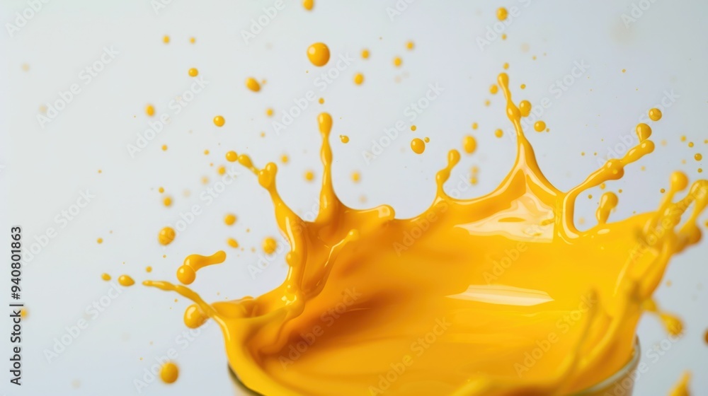Poster bright and vivid splashes of mango juice bursting on a pristine white surface capturing the essence 