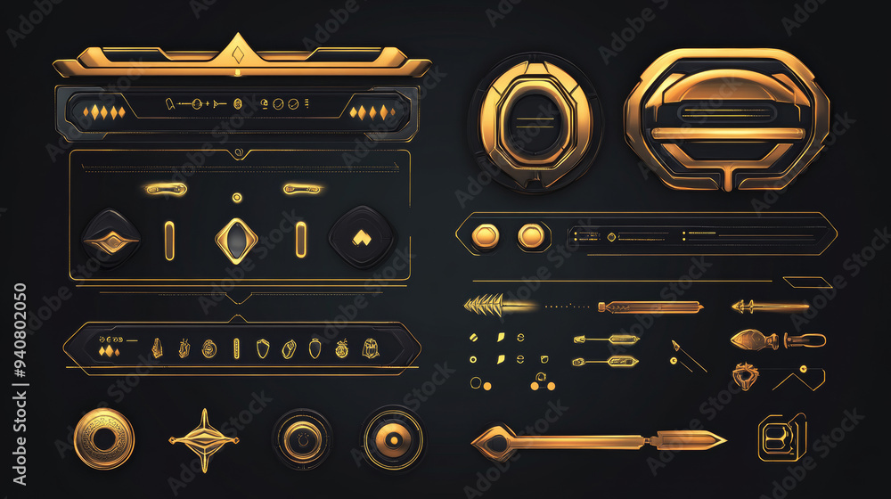 Poster golden interface game buttons and ui/gui elements. this vector set includes a pop-up window with the