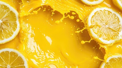 and dynamic image showcasing vibrant splashes of lemon juice against a clean white backdrop capturing the zesty essence and energetic motion of the citrus fruit in a high contrast
