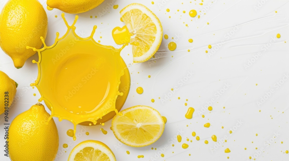 Poster captivating lemon juice splashes and drips against a pristine white backdrop creating a vibrant zest