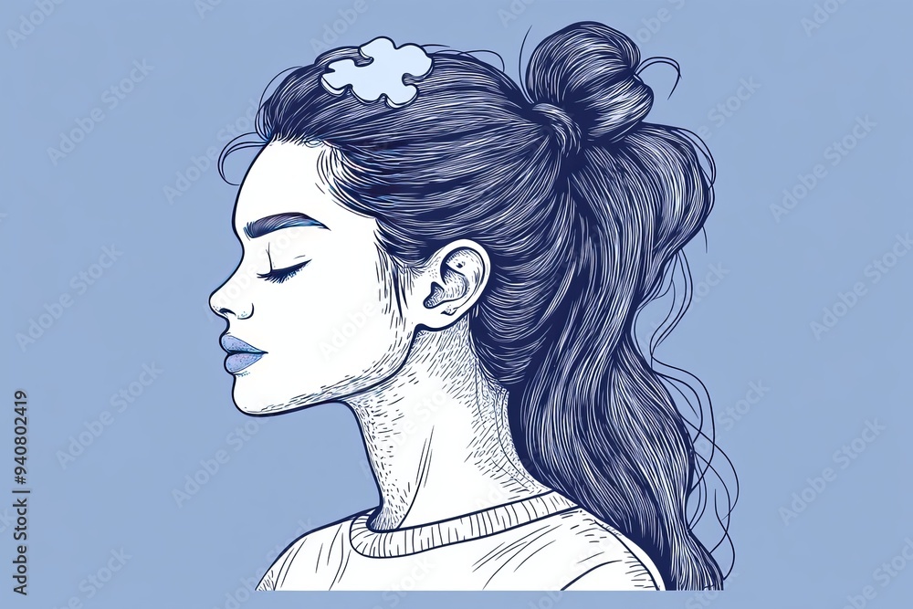 Poster minimalistic line art of a woman with a brain symbolizing intellectual depth introspection and the s