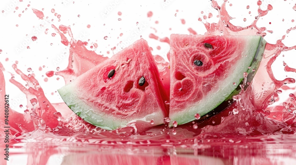 Aufkleber vibrant and juicy watermelon juice splashing dynamically on a clean white background creating a refr