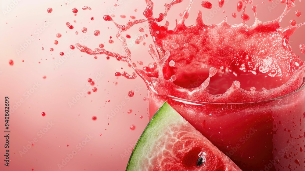 Poster playful splashes of watermelon juice on a clean white background creating a vibrant and refreshing s
