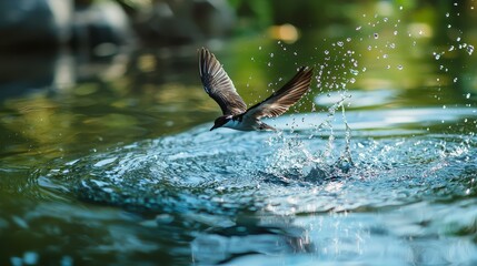 Fototapeta premium A bird in flight over a body of water, leaves a splash at its wake