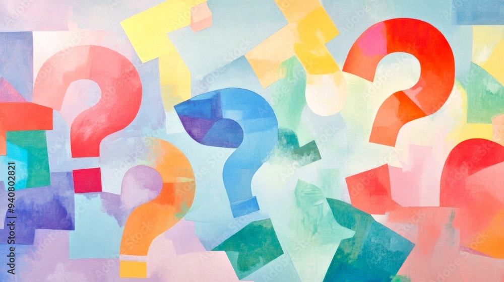 Poster colorful question marks fill the canvas in a playful and artistic style. this image invites curiosit