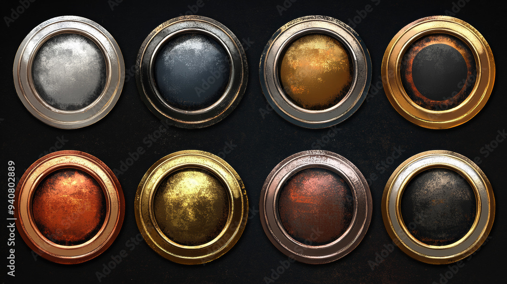 Poster avatar frames in gold, silver, bronze, copper, and rusty metal. these vector game assets include rus