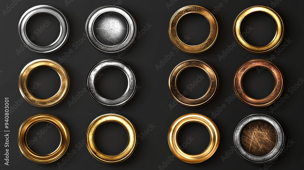 Poster avatar frames in gold, silver, bronze, copper, and rusty metal. these vector game assets include rus