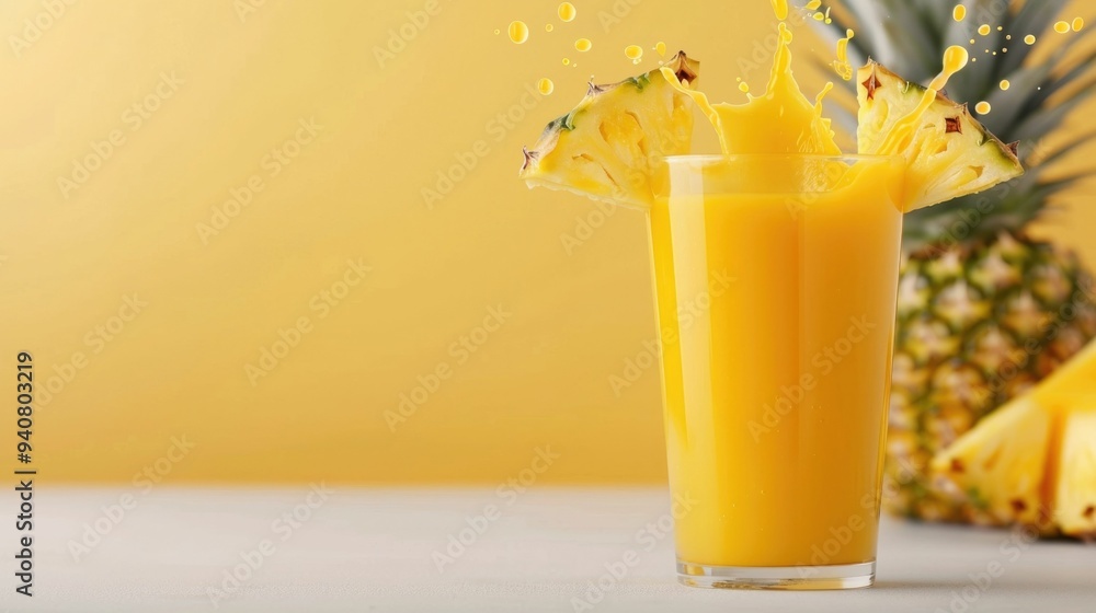 Poster energetic bursts of pineapple juice splashing against a bright white backdrop with a deep depth of f