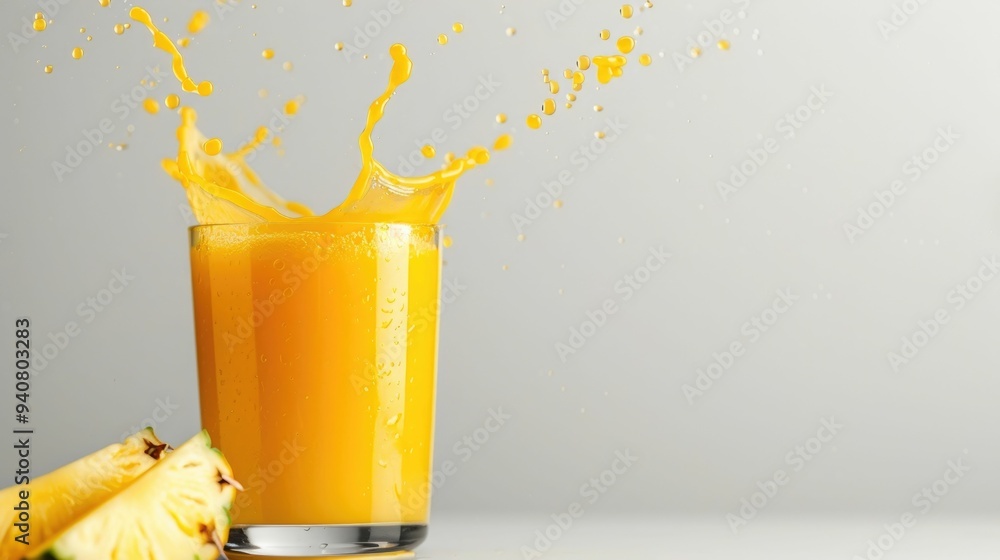 Poster energetic pineapple juice splashes on a white backdrop creating a vibrant refreshing tropical burst 