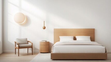 Fototapeta premium Minimalist bedroom with sleek, modern furniture and soft, natural light, calm and serene, minimal design