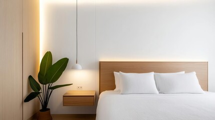 Minimalist bedroom with sleek, modern furniture and soft, natural light, calm and serene, minimal design