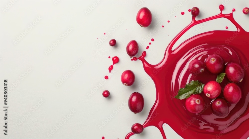 Poster splashes of deep red cranberry juice cascading over a clean white surface creating a refreshing and 