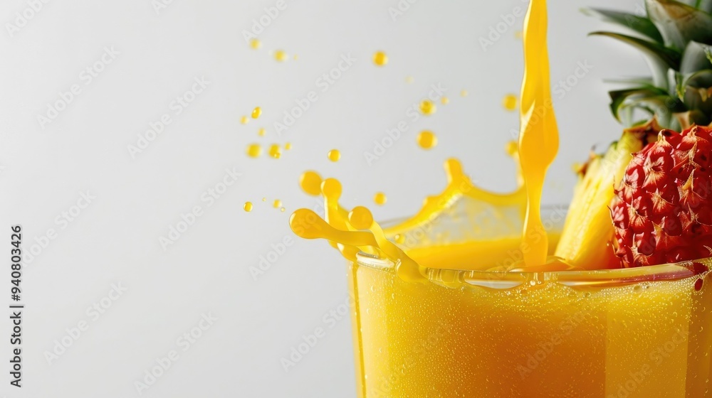 Poster energetic and dynamic splashes of refreshing tropical pineapple juice bursting against a clean white