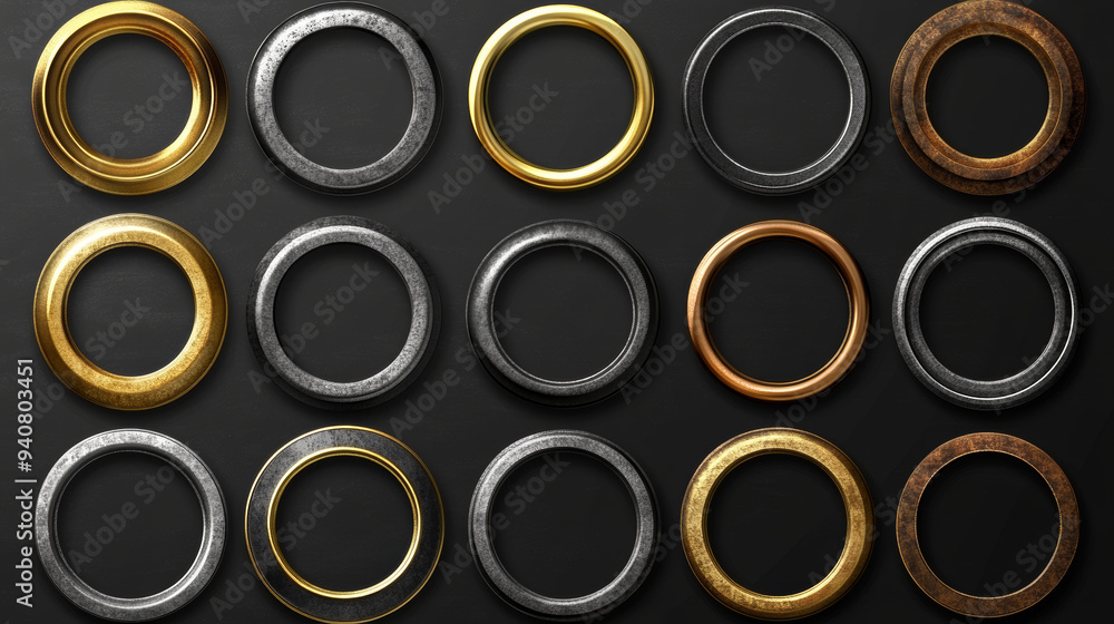 Poster avatar frames in gold, silver, bronze, copper, and rusty metal. these vector game assets include rus