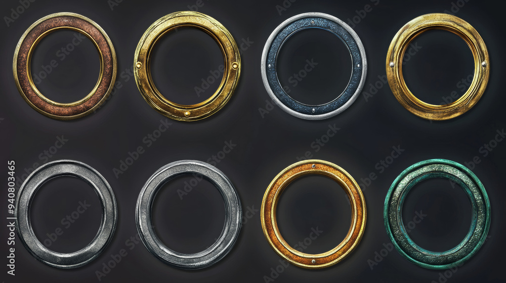 Poster avatar frames in gold, silver, bronze, copper, and rusty metal. these vector game assets include rus