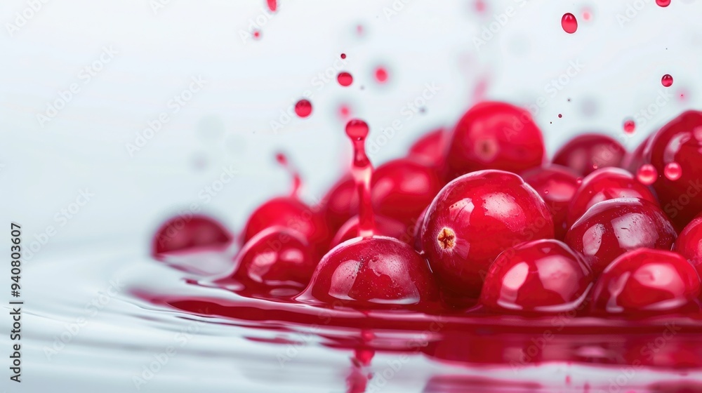 Poster captivating splashes of vibrant cranberry juice on a pristine white surface creating a refreshing an