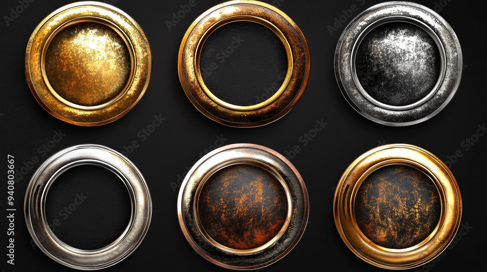 Poster avatar frames in gold, silver, bronze, copper, and rusty metal. these vector game assets include rus