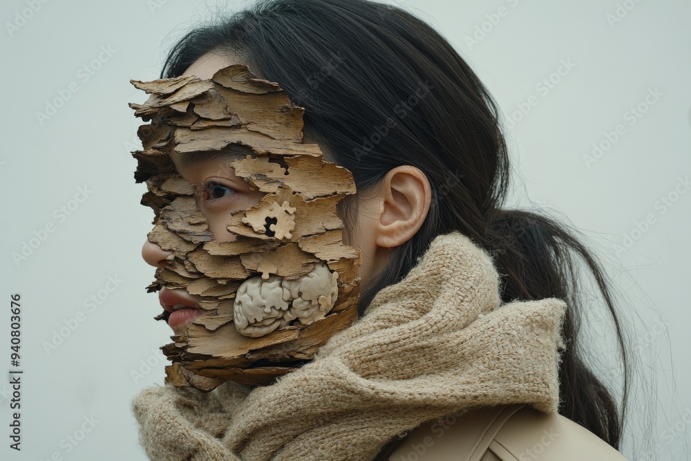 Poster artistic abstract portrait of a woman with fragmented facial features symbolizing the emotional comp