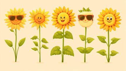 Retro groovy daisy and sunflower characters with a cute and happy vibe. Includes vintage and funky flowers, with cheerful chamomile faces wearing sunglasses. Isolated vector cartoon personages set.