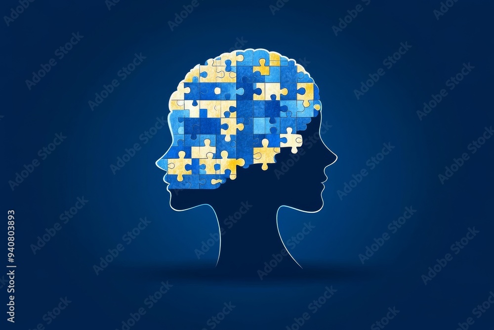 Poster artistic portrait of a young woman with a face dissolving into particles symbolizing memory loss ide