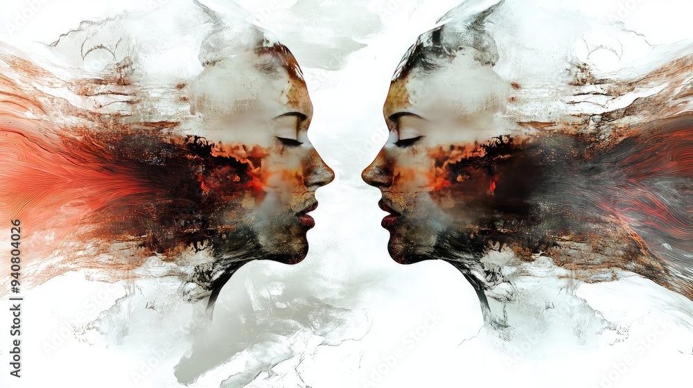 Poster A captivating abstract art piece featuring two profile faces with dynamic flowing colors and textures, illustrating duality and emotion.